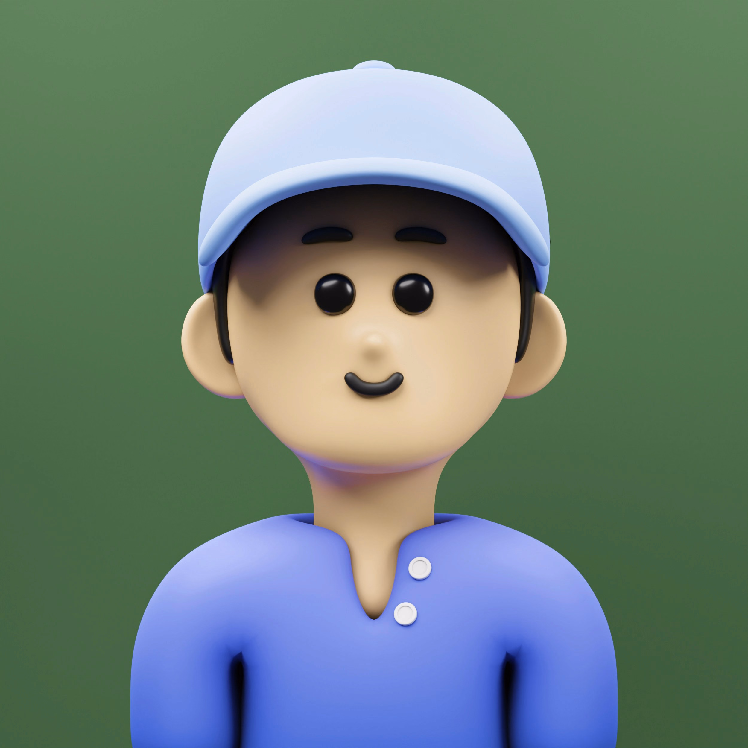 A cartoon character wearing a blue shirt and a blue hat